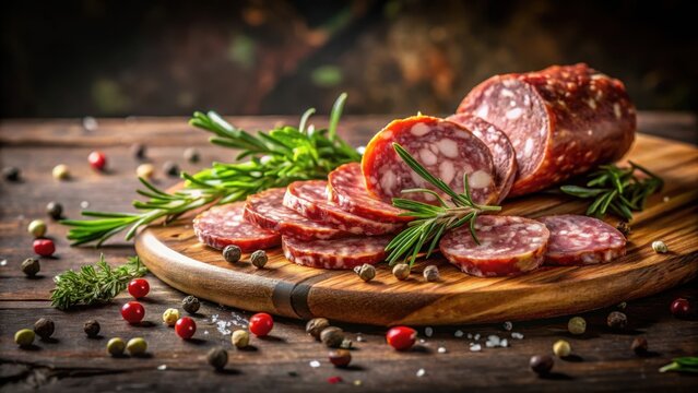 A photo of Italian salami sausage and pepperoni slices on a wooden cutting board with fresh herbs and spices scattered around