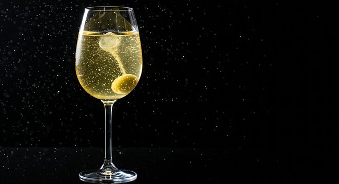 An elegant, short-stemmed glass of pale straw-yellow Italian Prosecco (sparkling wine), showing a continuous stream of fine bubbles, a single green olive on the rim, subtle condensation, set on a poli