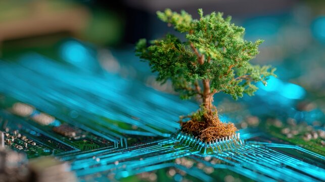 Tree with soil growing on the converging point of computer circuit board. Blue light and wireframe network background. Green Computing, Green Technology, Green IT, csr, and IT ethics Concept