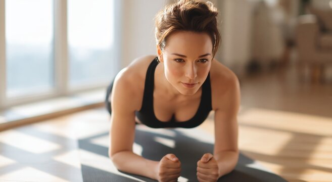 Home fitness and wellness woman doing plank exercise on mat in sunny room for strength training and core workout