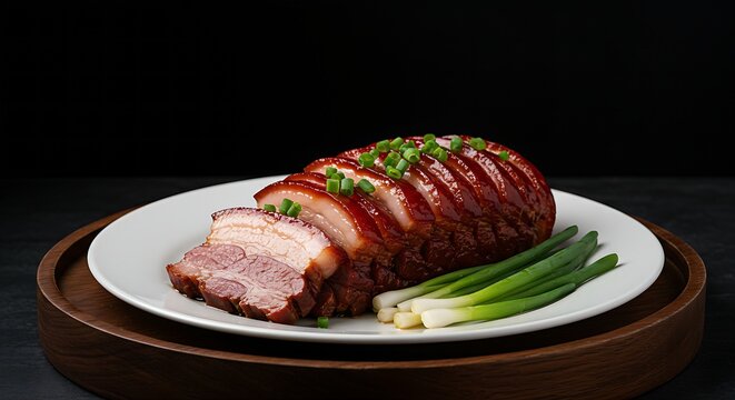 A round white porcelain plate holding a portion of glossy, deep red Chinese Dōng Pō R&ograve;u (Dongpo pork belly), sliced to show the distinct layers of meat and fat, garnished with fresh scallions, set on 
