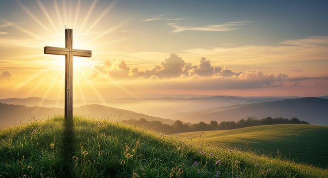 Simple wooden cross at sunset in green field