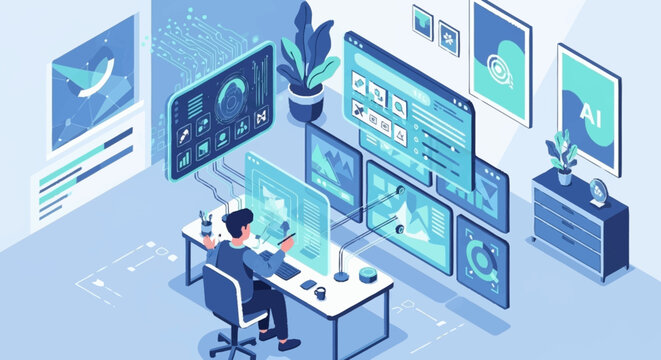 Man working on computer with multiple screens.