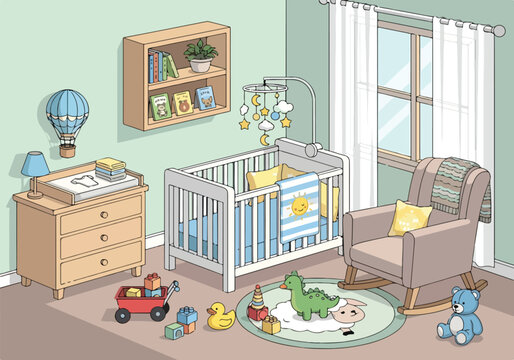A baby's nursery room with toys and furniture