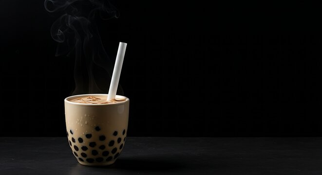 A small, porcelain cup of steaming hot Taiwanese Bubble Tea (Zhēnzhū Năich&aacute;) - traditional milky tea with visible, dark tapioca pearls settled at the bottom, a wide straw inserted, subtle steam rising