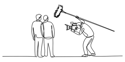 Continuous single line drawing of a cameraman filming two men with a professional video camera and a fuzzy boom microphone on set Vector, illustration © Anima Rani