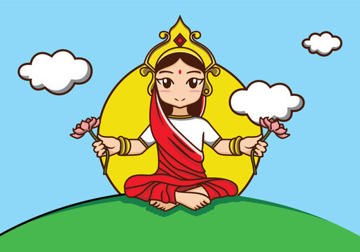 Hindu Goddess Lakshmi Cartoon Vector Illustration