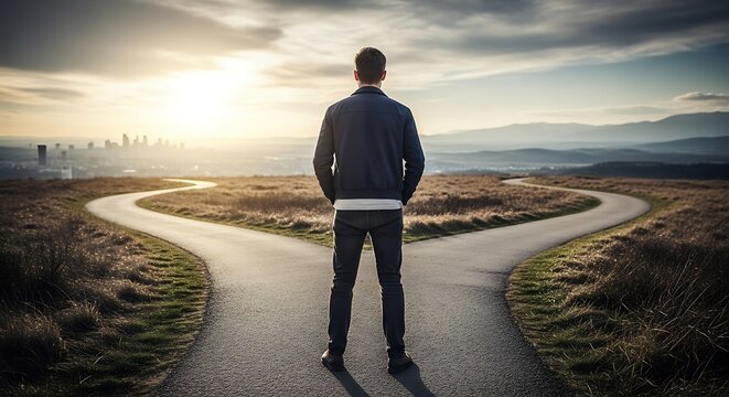 Man standing at crossroads considering directional choice against landscape