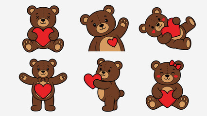 Fototapeta premium Set of Brown Cartoon Teddy Bears with Red Hearts in Different Poses and Accessories Flat Vector Design