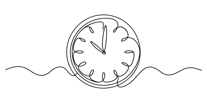 Simple wall clock drawn with a single continuous black line art style on a clean design representing time management and deadlines Vector, illustration