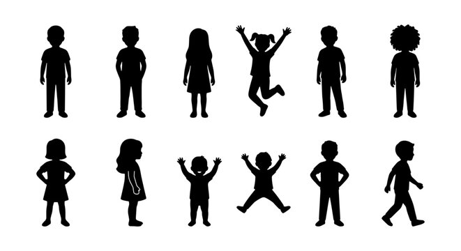 Diverse Children Silhouette Set - Happy Kids Jumping, Walking, and Standing Poses
