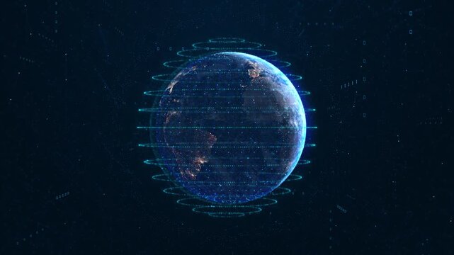 Digital planet earth particles cyberspace. flow data global network. Science technology futuristic background. Metaverse connection network background. World map. Internet technology communication.