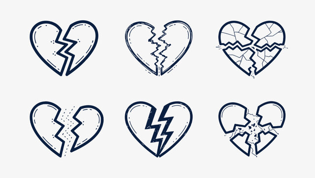 Set of Navy Blue Line Art Broken Heart Icons with Cracks Lightning and Shatter Flat Vector Design
