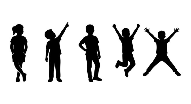 Active Children Silhouette Set - Happy Kids Jumping, Pointing, and Standing Poses
