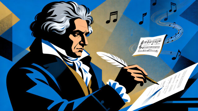 Vibrant illustration of an elderly classical composer with flowing white hair focused on writing a music manuscript with a quill pen against a blue backdrop with musical symbols.