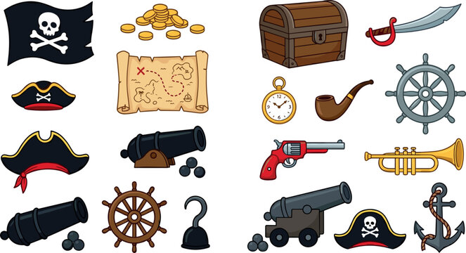 Set of Pirate Icons Vector Illustrations Including Treasure, Ship Equipment, and Accessories for Adventure and Fantasy Designs