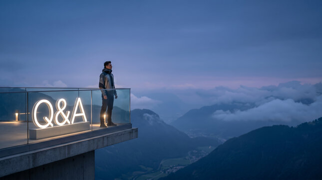 Q&A（質問と回答）を表す文字オブジェクト、右側にコピースペースのあるシンプルなビジネスイメージ