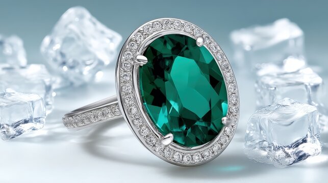Luxury oval emerald diamond halo ring resting on ice cubes