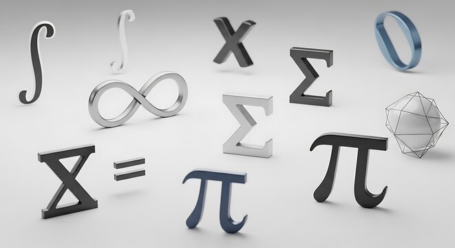 Mathematical symbols in 3 d rendering on white background