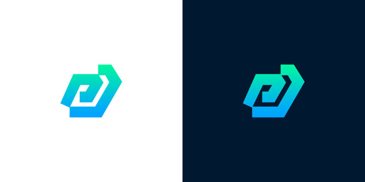 Abstract geometric shape logo design with gradient colors on white and dark backgrounds, representing innovation and technology