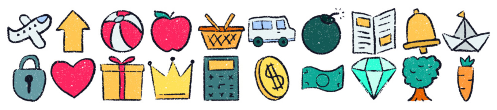 Doodle icon set crayon wax doodle style, rough textured hand drawn, airplane heart apple gift crown bus bomb bell carrot diamond money coin basket lock boat tree