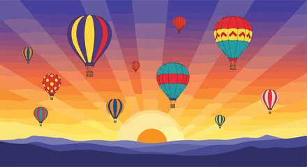 Naklejka premium Colorful hot air balloons fly over sunset