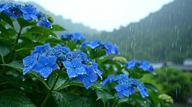 Blue flowers in the rain. Green leaves. Blurred mountains in background