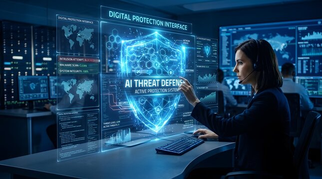 Cyber security professional monitoring AI threat defense system with futuristic digital interface