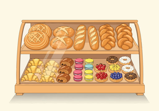 A bakery display case filled with bread and pastries