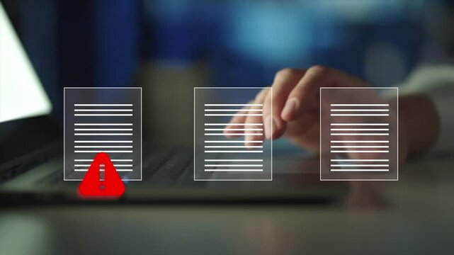 system risk, data threat, cyber alerts, file security issues, online protection, digital warning alert displayed on laptop with document icons,  