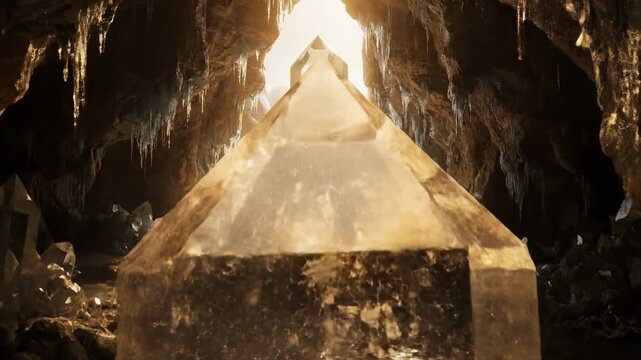 Large crystal formations in a dark cave illuminated by golden light