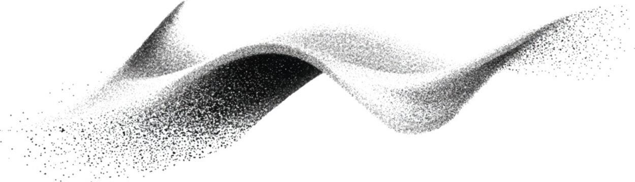 Abstract dynamic particle wave background vector illustration with black and white stipple dot dispersion flow effect.