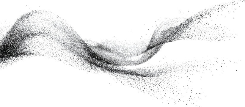 Abstract dynamic particle wave background vector illustration with black and white stipple dot dispersion flow effect.