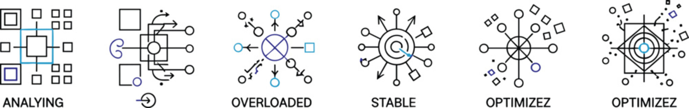 Data processing and optimization icons vector set with analyzing overloaded stable and optimized system states for performance management and analytics design