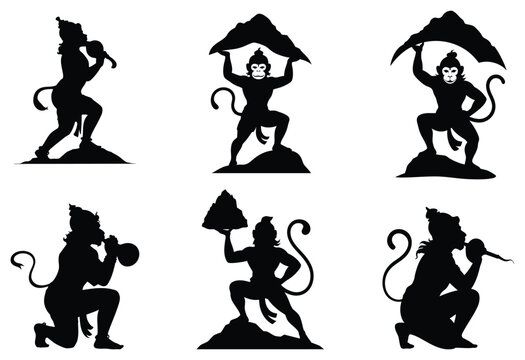 Hanuman Silhouette Collection Vector Illustration Set