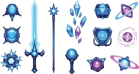 Fantasy game weapons and magic artifacts vector set with glowing swords staffs crystals shields and energy orbs for RPG and game UI design © AntarChandra