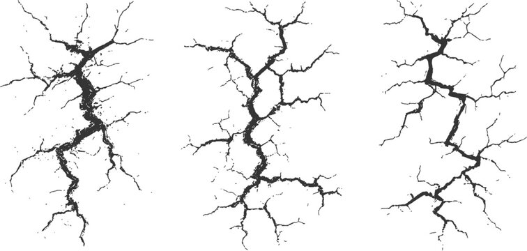 Set of realistic black silhouettes of wall cracks and earth fissures from earthquake damage vector illustration.