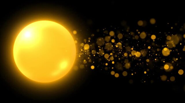 Large, glowing yellow sphere with particles trailing on a black background