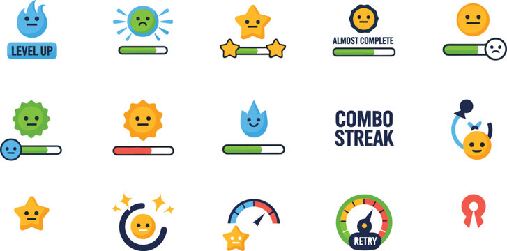 Gamification UI icons vector set with level progress badges combo streak rating feedback and achievement indicators for mobile app and game design
