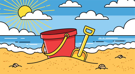 A cartoon beach scene with a red bucket and yellow shovel © Lukmanah