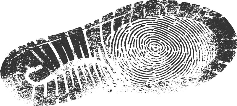 Conceptual grunge boot footprint containing a human fingerprint pattern for detective identity and tracking vector illustration.