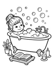 Naklejka premium Serene Bath: A peaceful scene depicts a woman in a claw-foot bathtub, surrounded by bubbles, candles, and a book. It's a moment of relaxation and self-care.