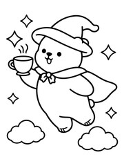 Fototapeta premium Enchanting Bear with Magic Brew: A charming bear, adorned in a wizard's hat and cloak, floats amidst twinkling stars, cradling a steaming cup of coffee.