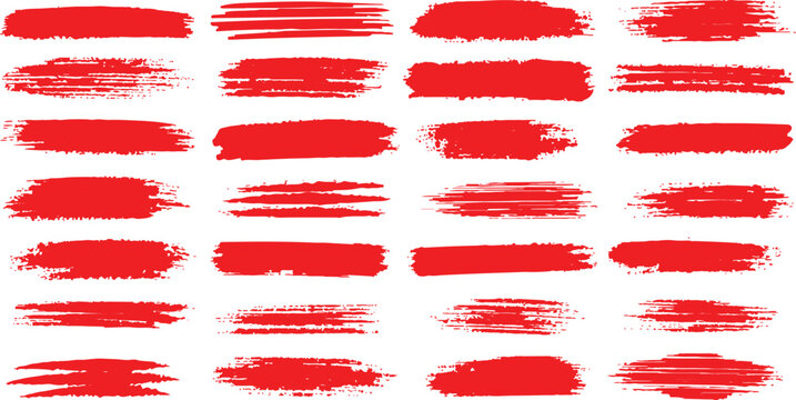 Set of red paint brush strokes and grunge texture swatches collection vector illustration for creative background design.
