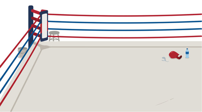 An empty boxing ring in a quiet gym with red, white and blue ropes and a lone glove resting on the canvas