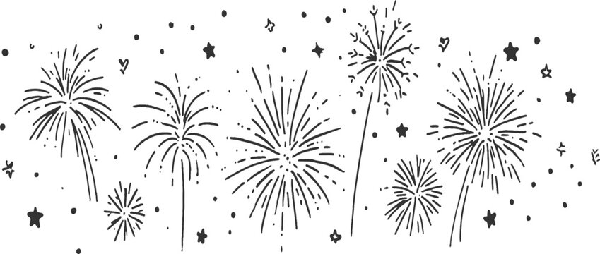 Festive hand drawn fireworks bursts and stars doodle elements vector illustration for holiday event background design.