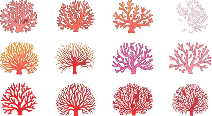 Coral Reef Vector Set with Red and Pink Marine Branch Shapes for Ocean Illustration, Underwater Design, Aquarium Graphics, and Tropical Sea Collection © Miss