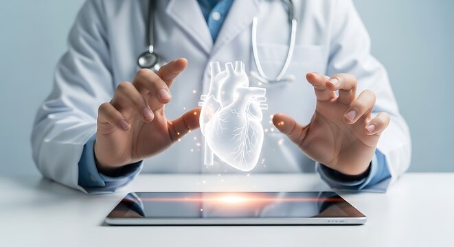 Doctor Examining 3D Holographic Heart with Advanced Digital Tablet