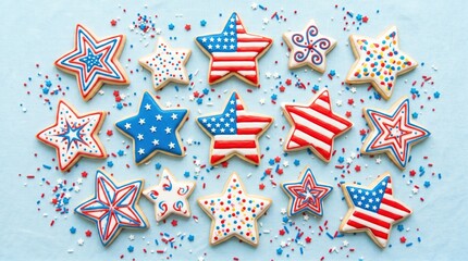 Obraz premium Festive star shaped sugar cookies with patriotic red white and blue icing for party treats