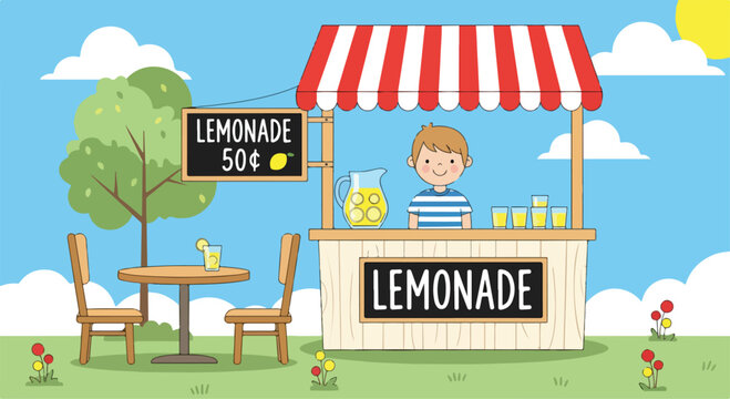 A cartoon boy runs a small outdoor lemonade stand